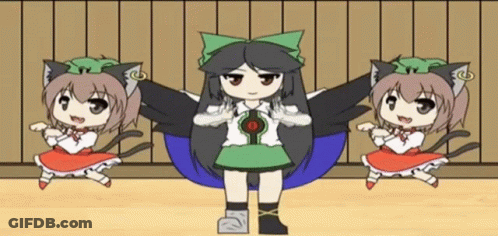 Three Anime Girls Dancing In Front Of Wooden Wall GIF