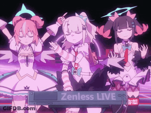 Three Anime Girls Dancing In Front Of Zenless Live Sign GIF