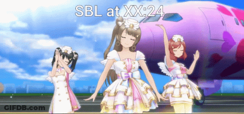Three Anime Girls Dancing Near Pink Airplane SBL GIF