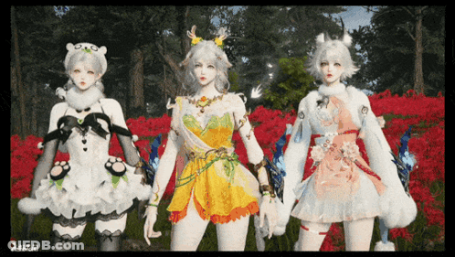 Three Anime Girls In Red Flower Field With ZDL GIF