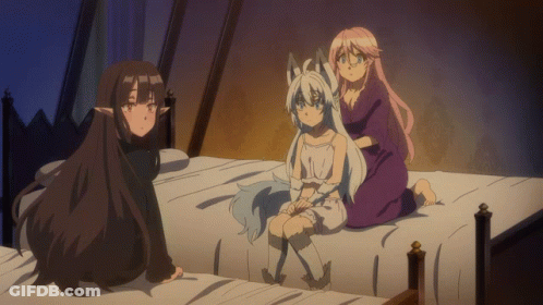 Three Anime Girls On Bed With Wolf Head GIF