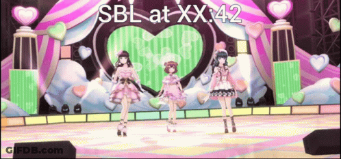 Three Anime Girls Singing On A Stage With The Words Sbl At Xx : 42 Above Them GIF