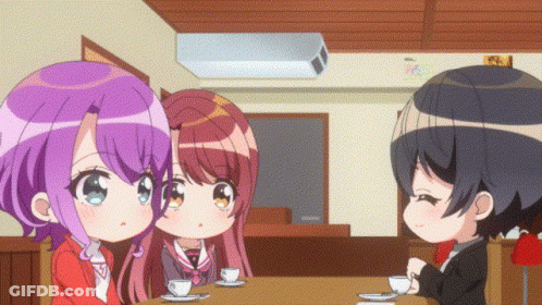 Three Anime Girls Sitting At Table With Tea Cups GIF