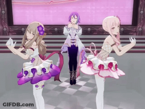 Three Anime Girls Standing On Stage In Video Game GIF