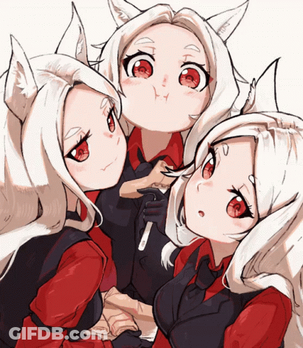 Three Anime Girls With Red Eyes And White Hair GIF