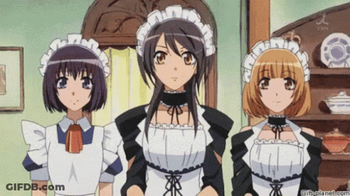 Three Anime Maids Are Standing Next To Each Other In A Room .. GIF