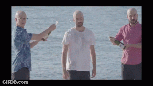 Three Bald Men Holding Bottles GIF