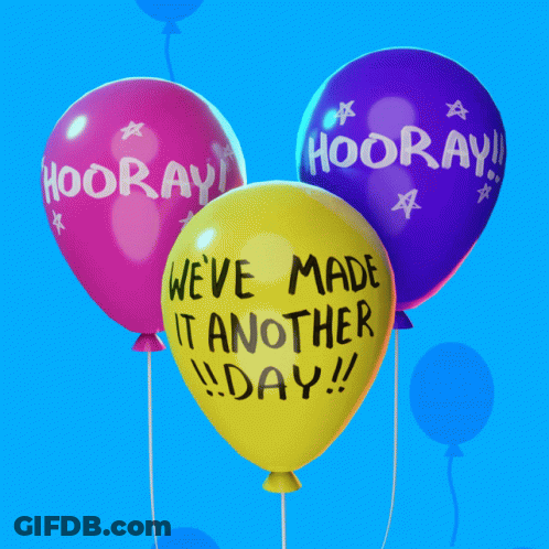 Three Balloons With The Words " Hooray " Written On Them GIF