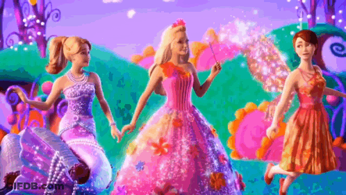 Three Barbie Dolls Are Standing Next To Each Other On A Purple Background GIF