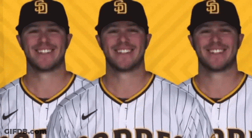 Three Baseball Players In San Diego Padres Uniforms GIF