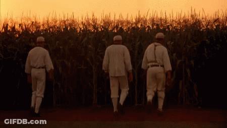 Three Baseball Players Walking Through Corn Field GIF