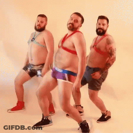 Three Bearded Men Are Dancing Together In Their Underwear And Harnesses . GIF