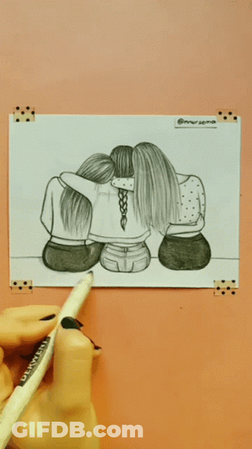 Three Best Friends Pencil Drawing GIF