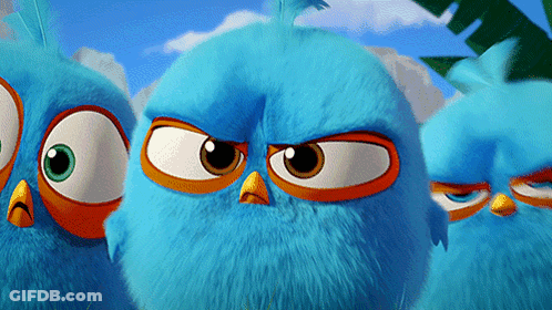 Three Blue Angry Birds Standing With Eyes Closed GIF