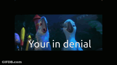 Three Blue Birds Standing Next To Each Other With The Words Your In Denial GIF