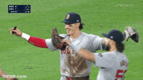 Three Boston Red Sox Baseball Players Are Hugging Each Other GIF