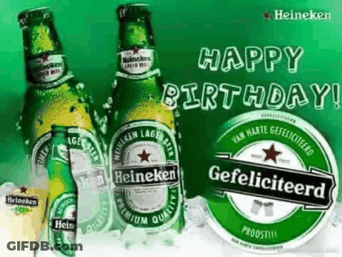 Three Bottles Of Heineken Beer On Ice With A Happy Birthday Message GIF