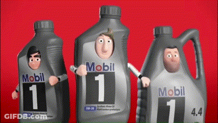 Three Bottles Of Mobil 1 Are Dressed Up As Cartoon Characters GIF