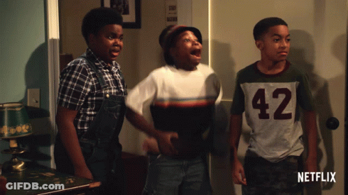 Three Boys Standing Next To Each Other With Number 42 Shirt GIF