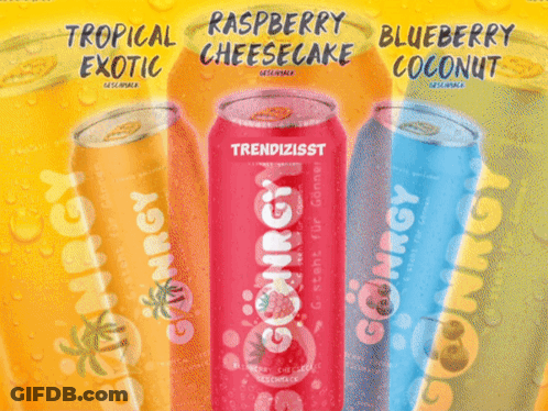 Three Cans Of Gonrgy Tropical Exotic Raspberry Cheesecake Blueberry Coconut On A Yellow Background GIF