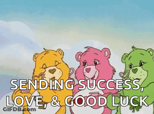 Three Care Bears Are Standing Next To Each Other With The Words " Sending Success Love & Good Luck " GIF