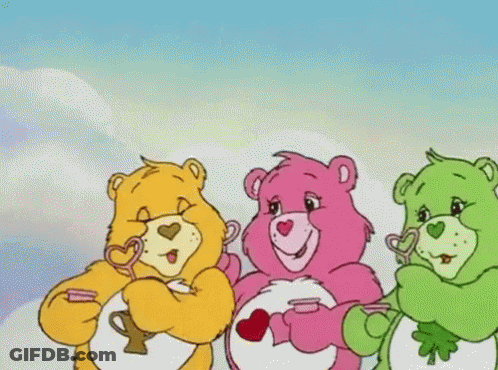 Three Care Bears Holding Coffee GIF