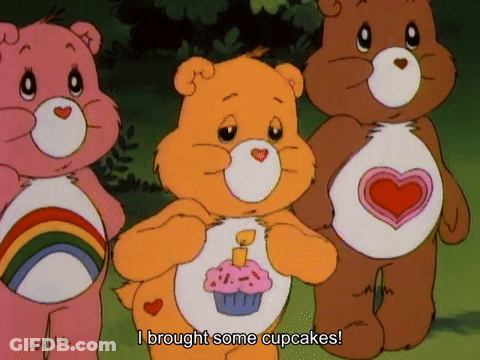 Three Care Bears One Holding Cupcake GIF