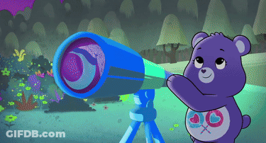 Three Care Bears Sitting On Crescent Moon GIF