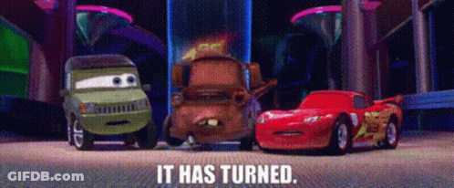 Three Cars From The Movie Cars Are Standing Next To Each Other GIF