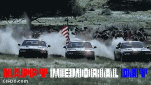 Three Cars On Grass Red White Blue Happy Memorial Day GIF