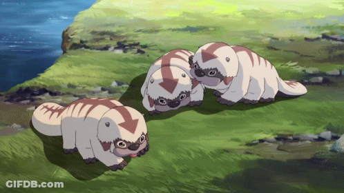Three Cartoon Animals Are Laying In The Grass Near A Body Of Water And A Website Says 4Anime.to GIF