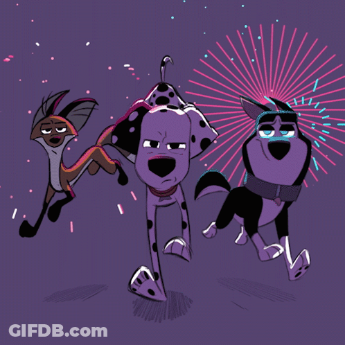 Three Cartoon Animals In Front Of Fireworks GIF