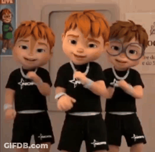 Three Cartoon Boys In Black Shirts And Shorts Smiling GIF