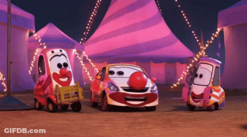 Three Cartoon Cars With Clown Noses Are Standing In Front Of A Circus Tent GIF