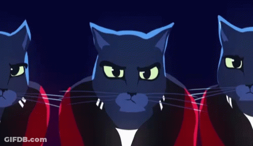 Three Cartoon Cats Are Standing Next To Each Other GIF
