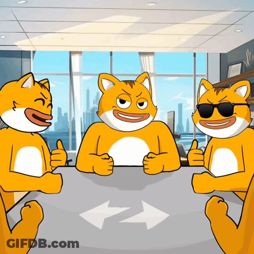 Three Cartoon Cats Sitting Around Table One With Sunglasses GIF