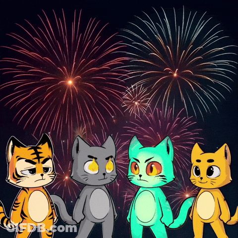 Three Cartoon Cats Standing In Front Of Fireworks GIF