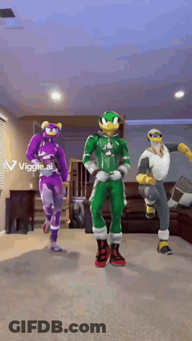 Three Cartoon Characters Are Dancing In A Living Room GIF