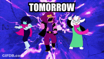 Three Cartoon Characters Are Dancing In Front Of A Purple Background With The Words Tomorrow Above Them GIF