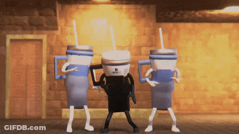 Three Cartoon Characters Are Dancing In Front Of A Wall With A Sign That Says " Contact " GIF