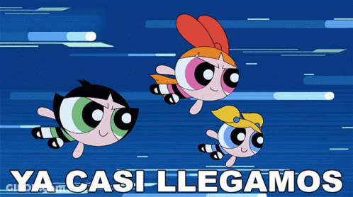 Three Cartoon Characters Are Flying In The Air And The Words Ya Casi Llegamos Are Below Them GIF