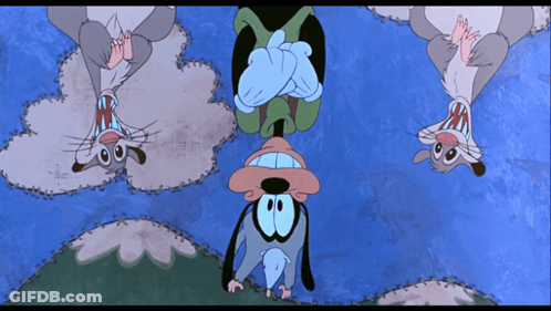 Three Cartoon Characters Are Hanging Upside Down With Their Mouths Open GIF
