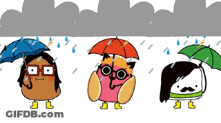 Three Cartoon Characters Are Holding Umbrellas In A Rain Storm GIF