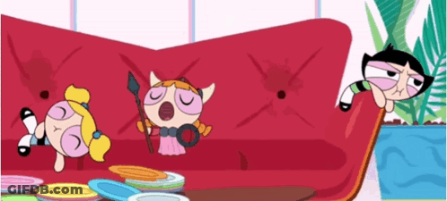Three Cartoon Characters Are Laying On A Red Couch . GIF