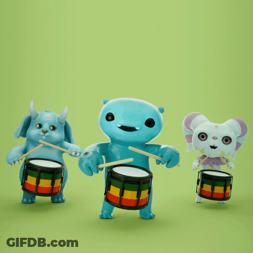 Three Cartoon Characters Are Playing Drums On A Green Surface GIF