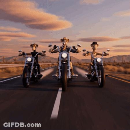 Three Cartoon Characters Are Riding Motorcycles Down A Desert Highway GIF