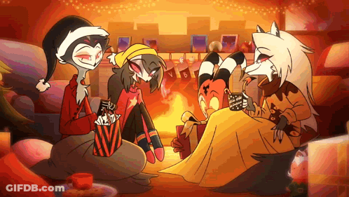 Three Cartoon Characters Eating Popcorn By Fireplace GIF