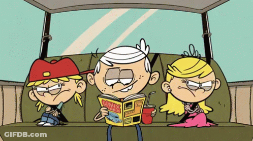 Three Cartoon Characters Are Sitting In The Back Seat Of A Car Reading Corny 'S GIF