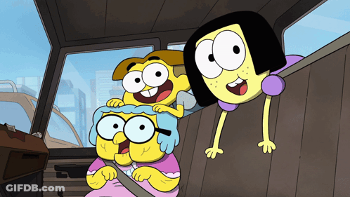 Three Cartoon Characters Sitting In Vehicle Back Seat GIF