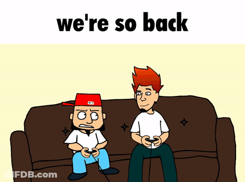 Three Cartoon Characters Are Sitting On A Couch With The Words We 'Re So Back Above Them GIF